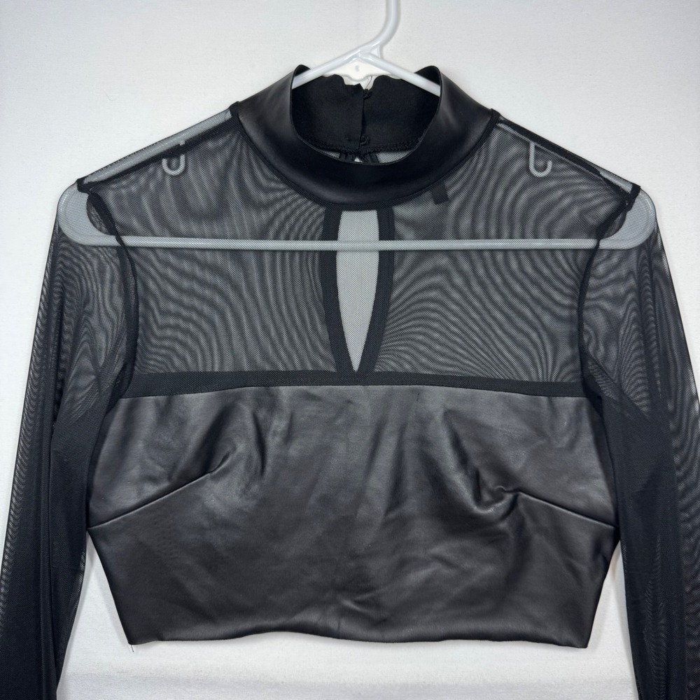 Blanc Black Mesh‎ Long Sleeve Mock Neck Crop Top Womens Sz Large